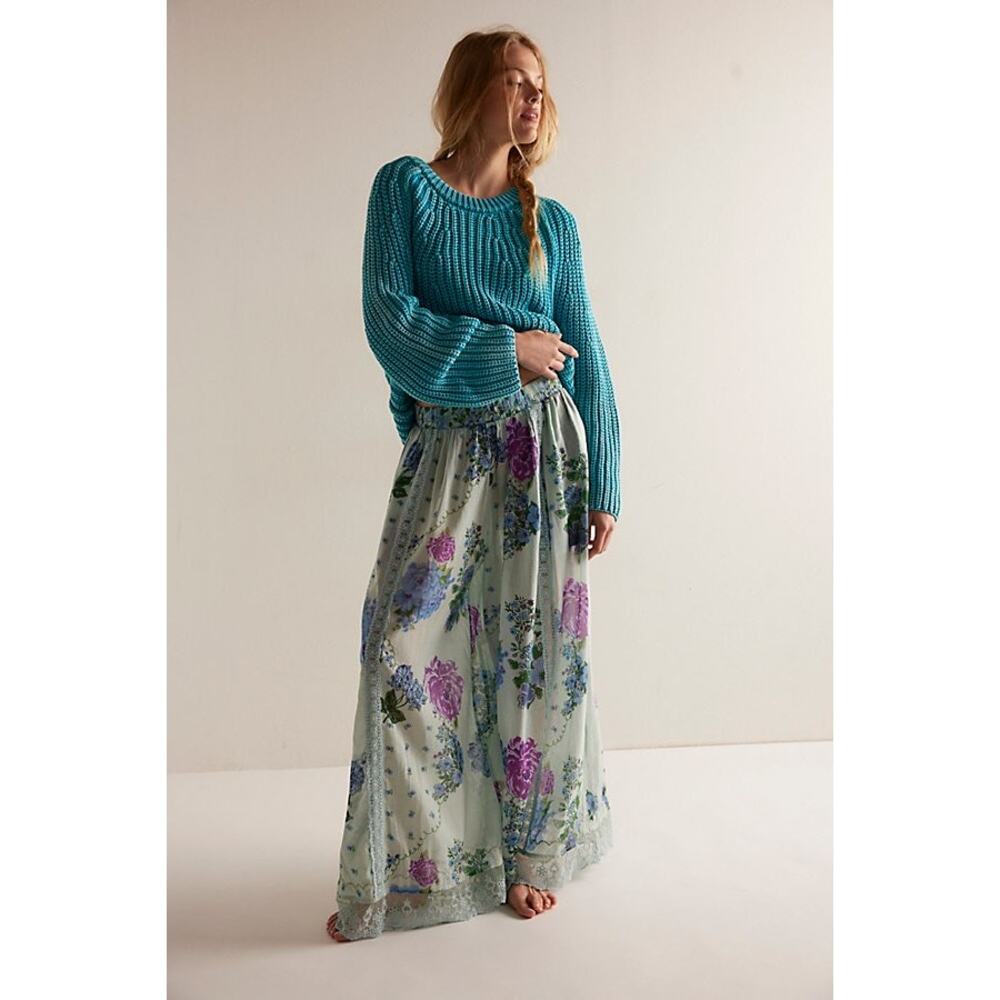 Free People Hey Lover Printed Sleep Pants Blue Floral Lace NWT Medium